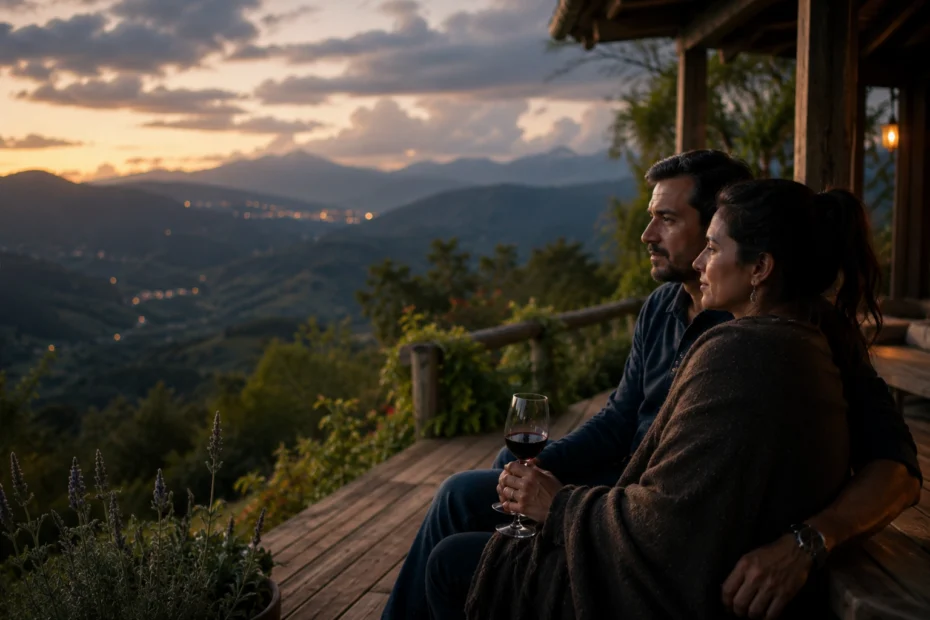 Pareja colombiana adulta sentada en la terraza de una cabaña en la montaña antioqueña al atardecer, con copas de vino y vistas al valle, en un ambiente íntimo y cálido que representa los mejores planes románticos para parejas en Medellín y sus alrededores, desde escapadas a la naturaleza hasta experiencias de bienestar y conexión emocional en pareja.Has dicho: Dame un prompt para una IA generativa de imagen que representa la sección de experiencias