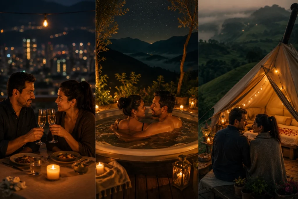 Composición de tres experiencias románticas para parejas en Medellín y Antioquia: una cena romántica en terraza con vistas nocturnas a la ciudad y copas de espumoso, una pareja relajándose en jacuzzi al aire libre rodeada de velas y montañas, y una cabaña de glamping decorada con pétalos de rosa y luces cálidas frente a un valle verde antioqueno, representando los mejores planes románticos para parejas que combinan naturaleza, bienestar y conexión emocional.